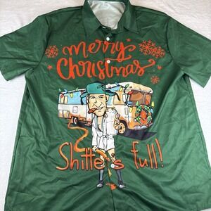 Christmas Vacation Sh*tters Full Cousin Eddie Button Down Mens Green Shirt XL